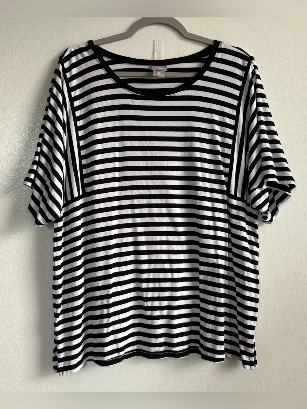 Chico's Black White Striped Knit Round Neck Short Sleeve Top Women’s XL